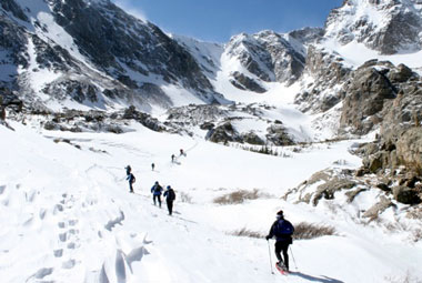 Snowshoeing to Sky Pond in Rocky Mountain National Park.